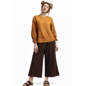 Womens Made in Italy Linen Blend Cropped Wide Leg Palazzo Pants L Minimal Boho